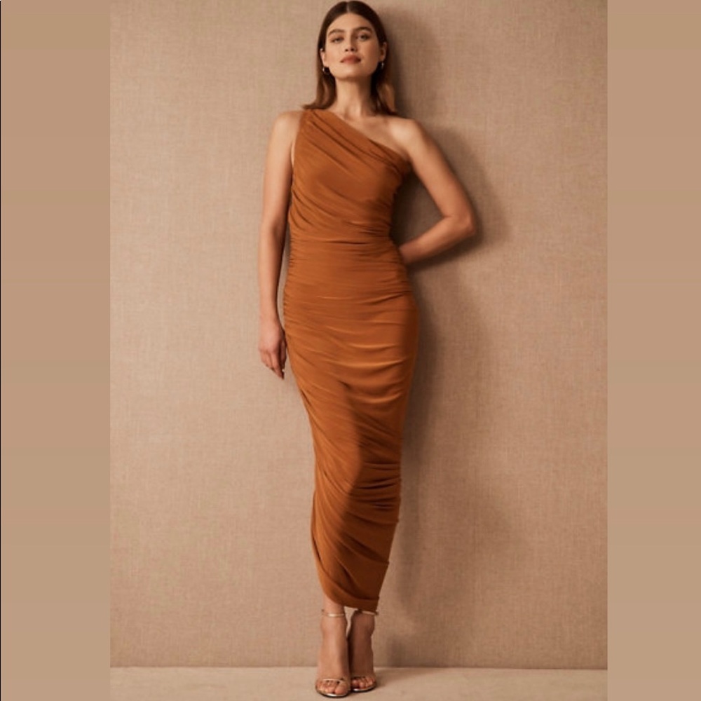 Norma Kamali One-Shoulder Ruched Maxi Dress in Warm Caramel